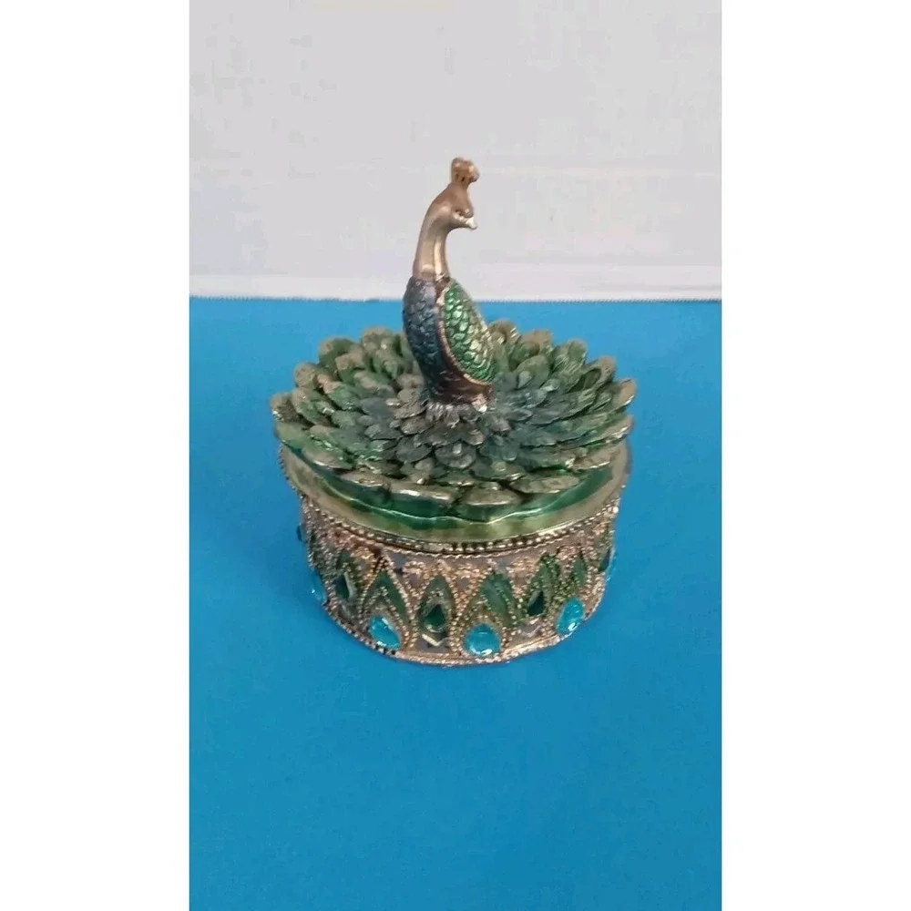 Vintage Style Peacock Trinket Box‎ Green Gold Filigree Rhinestone Jewelry Case